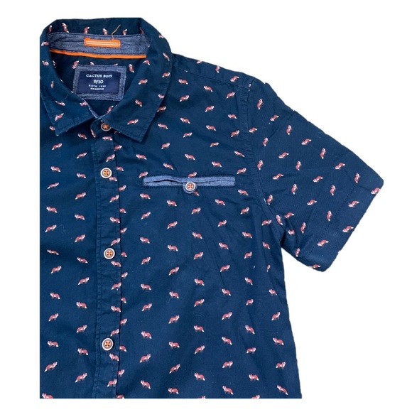 CACTUS BOYS Fox Print Button Down Shirt With Cap Sleeves Navy Blue Boys 9-10Y - Picture 3 of 9